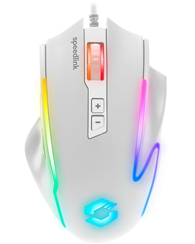Speedlink DECUS NX - RGB Gaming Maus mit Kabel, bis 12800dpi, Programmierbar, Dauerfeuer Taste, USB kabelgebunden ummantelt, 1000Hz Pollingrate, weiß