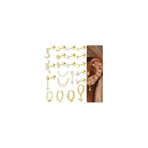 CASSIECA 21Pcs Helix Piercings Chirurgenstahl Ohrringe Damen Hypoallergene Piercing Ohr 14K Gold Creolen Ohrstecker Set Ohrringe mit Flachem Verschluss Helix Conch Tragus Piercing Ohr Schmuck