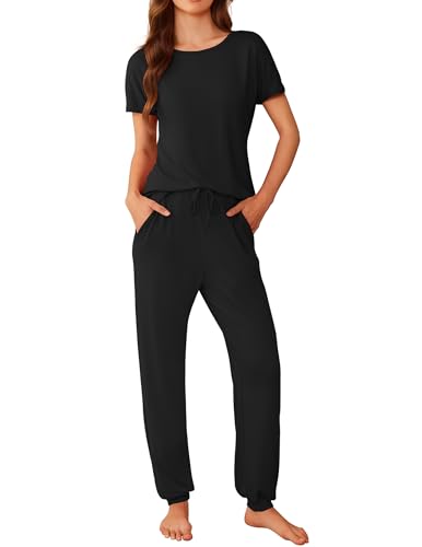 Ekoauer Damen Schlafanzug Lang Pyjama Set Kurzarm Taschen Lang Schlafhosen Kordelzug Lounge Set, Schwarz, M