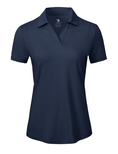 donhobo Damen Poloshirt UPF 50+ Kurzarm Golf Tennis Polo Shirts V-Ausschnitt Tops UV Schutz Schnelltrocknend Sportshirt Casual Sommer T-Shirts, Marine, XL