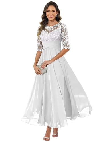 JAEDEN Abendkleider für Hochzeitsgäste - Damen Spitze Brautmutterkleider A-Linie Festliche Kleid Weiß 38