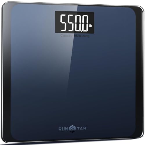 RunStar Digitale Personenwaage, Tragkraft bis 250 kg, 8 mm Sicherheitsglas, hochpräzise Sensoren, mit extragroßer Trittfläche und großem LCD-Display, Step-on-Technologie, Blau-Schwarz