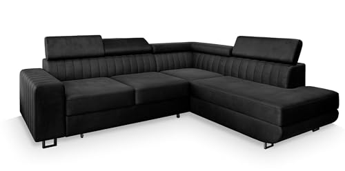 Masseno Ecksofa NOLA R-S mit Schlaffunktion L-Form, Sofa mit Bettkasten, Wohnzimmersofa, Couch, Soffa, Bettsofa, Couchgarnitur- Schwarz, Monolith 95