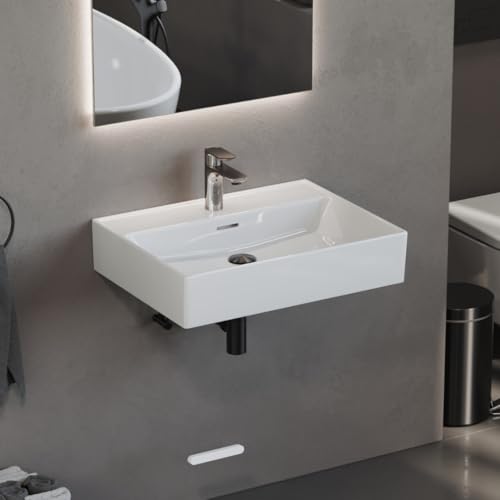Aqua Bagno 60 cm Keramik Waschbecken Bad – modernes Aufsatzwaschbecken fürs Badezimmer, rechteckiger Waschtisch mit dünnem Rand zur Wandmontage, pflegeleichte Oberfläche, platzsparendes Eckwaschbecken