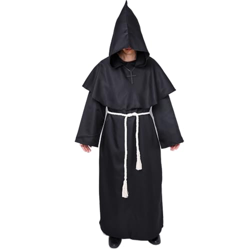 Myir JUN Mönch Robe Kostüm Mönch Priester Gewand Halloween Kostüm mit Kapuze Mittelalterliche Kapuze Herren Männer Mönchskutte (Schwarz, XX-Large)