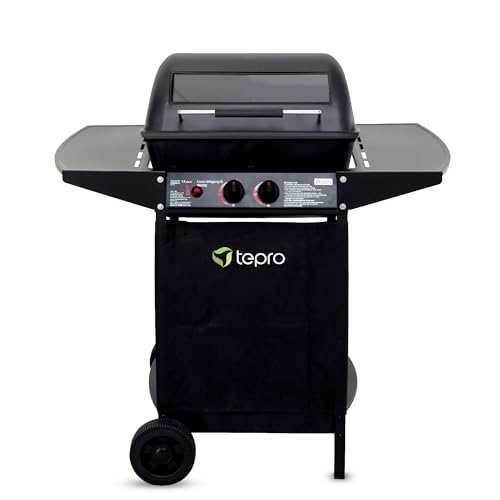 tepro Lavastein Gasgrill Irvine mit max. 5,4 kW Leistung, Edelstahl-Doppelbrenner, inklusive Lavasteine, Piezozündung im Drehregler, Grillwagen mit Rädern, Maße ca. 94 x 51 x 102 cm, Schwarz