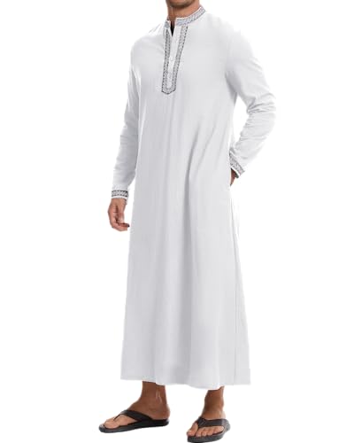 NANAMEEI Herren Kaftan Langarm Mit Taschen Abaya Gebetskleidung Islamische Kleidung Weiß M