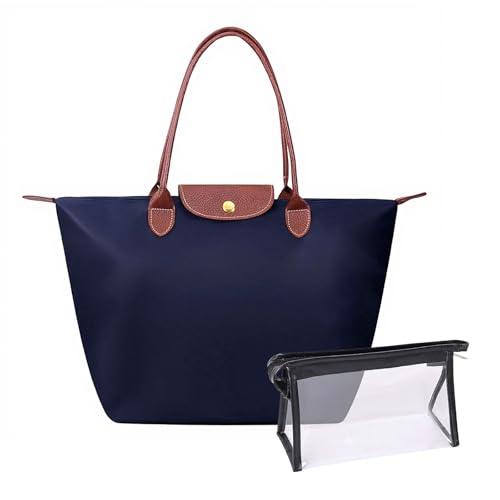 QIANCSJ 1 Umhängetasche + 1 Kosmetiktasche, Damenmodetasche, Faltbare Handtasche, Schulhandtasche, Aufbewahrungstasche Mit Großer Kapazität für Alltag & Büro (Dunkelblau)