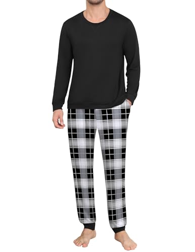 Ekouaer Herren Schlafanzug Lang Pyjama Langarm Winter Nachtwäsche Schlafanzüge für Männer Zweiteiliger Sleepwear mit Bündchen und Taschen,Schwarz1,L