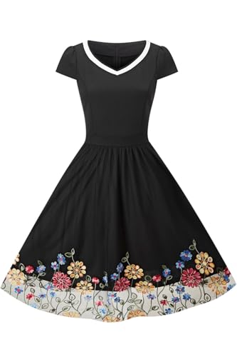 AXOE Damen Rockabilly Kleider Elegant Vintage 50er Jahre Cocktailkleid Swing Petticoat Kurzarm Knielang Hochzeitsgast Schwarz mit Gestickter Blumenmuster F09, Gr.38, M