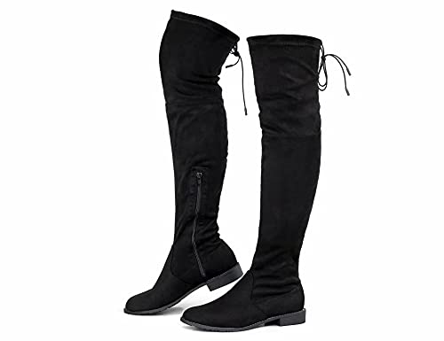 Greatonu Damen Overknee Oberschenkel Hoch Niedriger Blockabsatz Spitze Zehe Reiten Stretch Lange Flache Stiefel Frühling Herbst Winter 0.98 inchs Schwarz EU 39