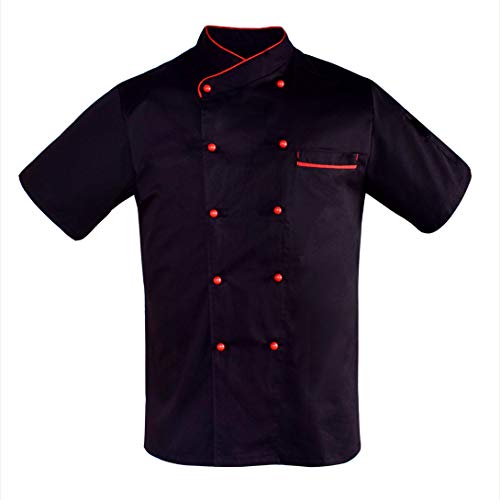 Nanxson Herren Kochjacke Unisex Damen Bäckerjacke mit Kugelknöpfe, atmungsaktiv Kurzarm Stehkrage Kochkleidung CFM0048 (Schwarz Rot, XL)