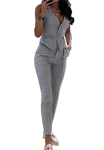 Minetom Hosenanzug Damen Zweiteiliger Anzug Set Elegant V-Ausschnitt Ärmellos Blazer Weste und Hose 2 Stück Casual Outfit Sets Streetwear B Grau L