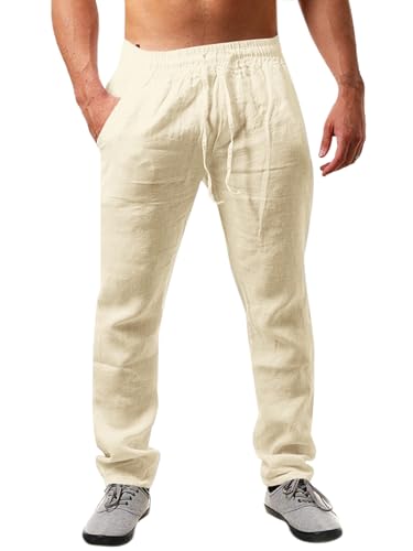 Runcati Herren Leinenhose Einfarbiges Lang Leicht Sommerhose Loose Fit Freizeithose mit Kordelzug für Urlaub Strand Beige XL
