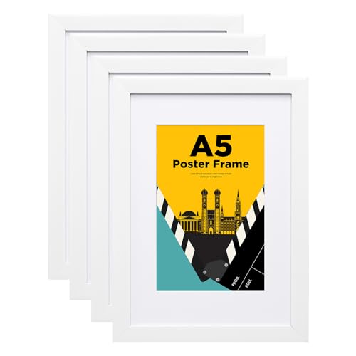 Egofine Bilderrahmen A5, Holzrahmen A5 mit Acrylglas Passepartout für Fotos 10 x 15 cm, Zertifikatsrahmen für Tisch- und Wandmontage,14.8 x 21 cm Posterrahmen für Portrait,Zuhause, Büro,Weiß,4er