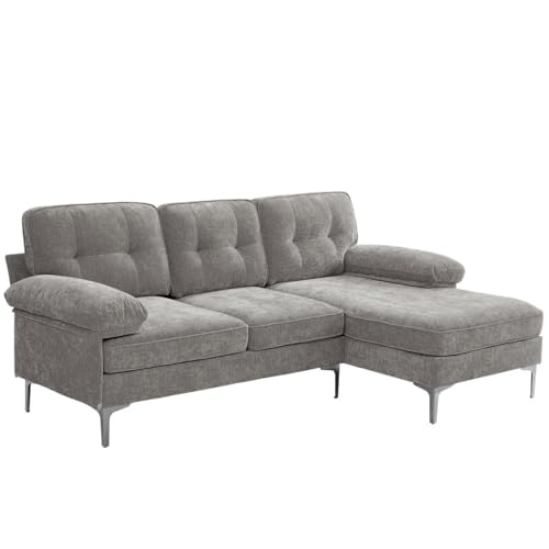 DUANDUAN Ecksofa 3-Sitzer Sofas 210cm breit Polsterecke mit Federkern Kissen und Rückenlehnen abnehmbar und waschbar - Chaiselongue beidseitig montierbar Couch L-Form fürs Wohnzimmer (Grau)