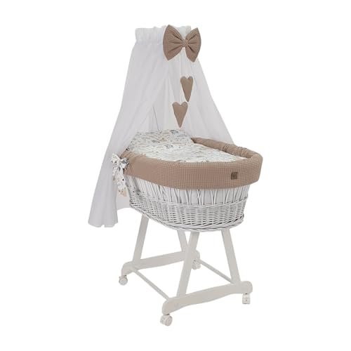 Wiklinopol Stubenwagen aus Weide mit Baldachin und Gestell Lena – Moseskorb in Weiß, Komplettset mit 5-TLG. Waffel-Bettwäsche Kaninchen Beige – Mit Rollen, Tragbar, Sicher