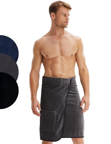 Morgenstern Saunakilt Herren mit Klettverschluss 100% Baumwolle Frottee Oeko-TEX® Handtuch 60x146 cm Saunahandtuch mit Tasche Jan Grau
