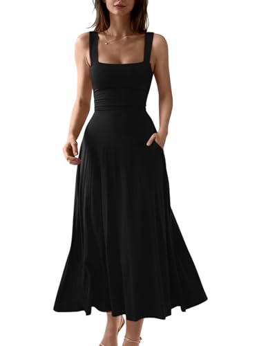 OQQ Damen Ärmelloses Kleid Elegantes Maxikleid mit Taschen Schwarz S