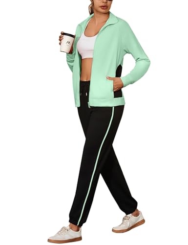 Uniexcosm Jogginganzug Damen Set Langarm Trainingsanzug Zweiteiler Streatwear Farbkontrast Freizeitanzug Reißverschluss Tracksuit & Sporthose Sportanzug Grün XL
