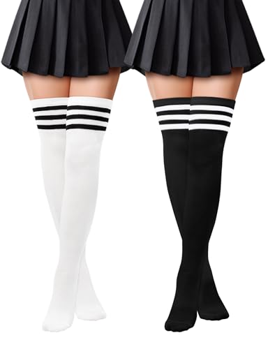 Kiiwah 2 Paar Damen Klassisch und Stilvoll Overknees Strümpfe Weich Thigh High Socks Overknee Socken Lange Gestreifte Socken Damen für den Alltag Sport Cosplay, Schwarz,Weiß, Einheitsgröße