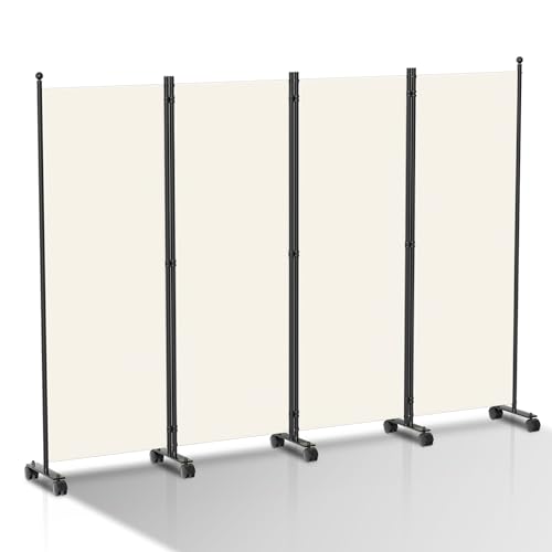 Vigevee Raumteiler Klappbar Freistehend Trennwand, Paravent auf Rollen, Umkleide Sichtschutz - 4 Teilig, 228x181 cm, für Büros, Balkon - Beige