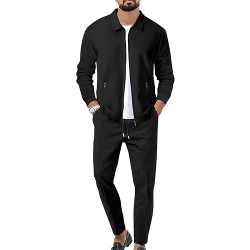 aromm Herren Waffel-Trainingsanzüge Langarm Voll Reißverschluss Jacke & Hose 2-teiliges Set Schwarz für Lässig Sport Arbeit, L