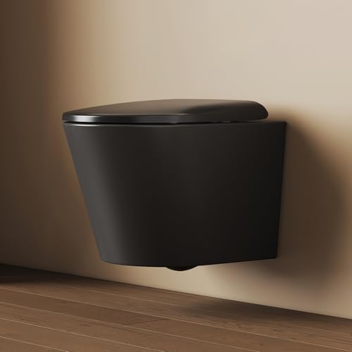 EMKE Toilette Hänge WC Schwarz Matt, 490 × 365 × 360 mm, Wand WC Spülrandlos mit Doppelloch-Gegenstrom & Mehrloch-Spülung, Keramik Toilettenschüssel, WC-Sitz Softclose & Schnelllösefunktion