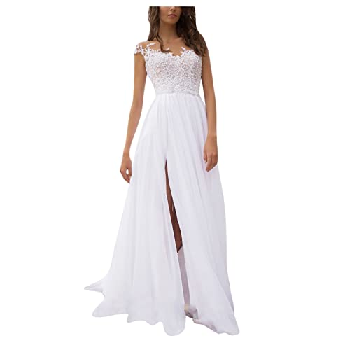 Hochzeitskleider für Damen - Abendkleider Elegant für Hochzeit -Damen Abendkleid Lang Spitzen Chiffon Kleid V Ausschnitt mit Schlitz Sexy Rückenfrei Ballkleid Brautkleid Brautjungfernkleider