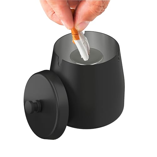 AwmnSrman Aschenbecher Mit Deckel für Draussen - Schwarz Edelstahl Windproof Abnehmbarer für Einfache Reinigung - Rutschfester Esstisch Φ9 x H9 cm