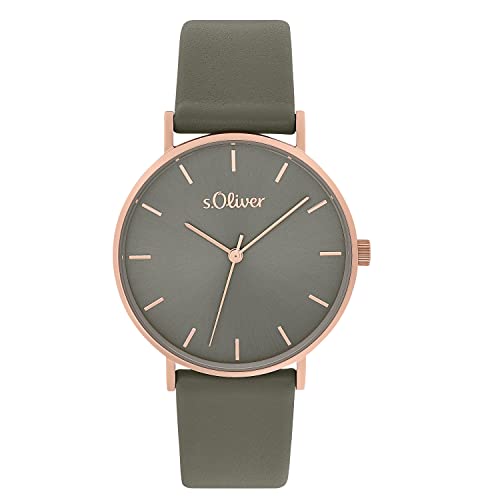 s.Oliver Armbanduhr Damen Quarzuhr Analog, mit Leder Armband, Grau, 3 bar Wasserdicht, Kommt in Uhren Geschenk Box, 2033488
