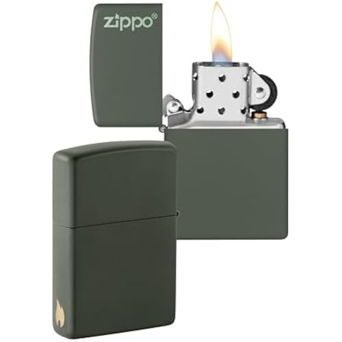 Zippo Sturmfeuerzeug - Green Matte mit Logo & seitlicher Flammengravur - Nachfüllbar - Wiederverwendbar - Windfestes Design - Made in USA - Amazon Exclusive