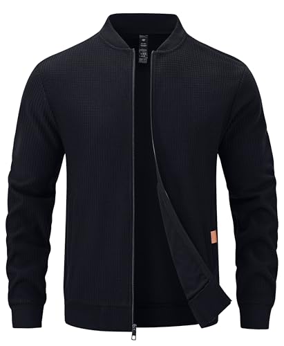 YuKaiChen Übergangsjacke Herren Jacke Leichte Bomberjacke aus Waffelstoff mit Reißverschlusstasche für Frühling Herbst Schwarz L