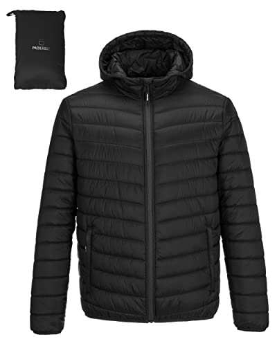 Outdoor Ventures Herren Steppjacke Wasserdichte Pufferjacke Verstaubare Leichte Wasserdichte Kapuzenjacke Winterjacke mit Taschen Klassisch Schwarz L