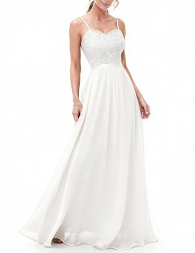 DRESSTELLS Abendkleider Elegant für Hochzeit Festlich Ballkleid Damen Lang Groß Größen Brautkleid Standesamt Weiß Brautjungfernkleider mit Spaghettiträger Jugendweihe Kleider White 2XL