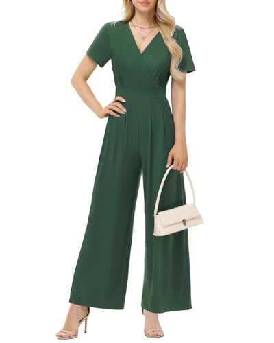 Tanmolo Damen Jumpsuit Elegant Sommer Kurzarm V-Ausschnitt Overall Weites Bein Romper Mit Taschen Dunkelgrün, S