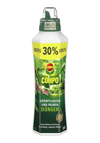 COMPO Grünpflanzendünger und Palmendünger für alle Zimmer-, Balkon- und Terrassenpflanzen, Spezial-Flüssig-Dünger mit extra Kalium und Eisen, 1,3 Liter