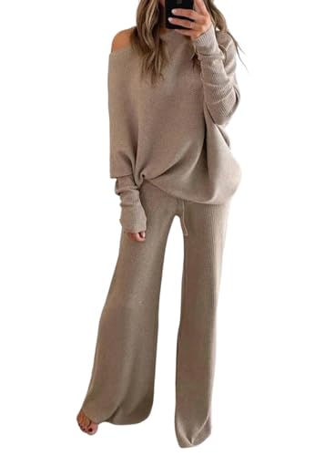 shownicer Damen 2 Stück Strickanzug Langarm Strickpullover Und Jogginghose Zweiteilige Outfit Freizeitanzug Sportanzug Loungewear Set A Khaki XS