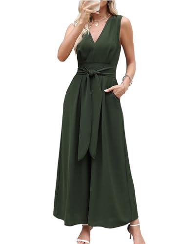 CUPSHE Damen Jumpsuit Tiefer V-Ausschnitt Ärmellos Overall Gesmokte Taille Weite Bein Sommer Elegant Playsuit mit Gürtel Dunkelgrün M