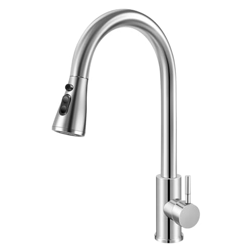 Wasserhahn Küche, Hochdruck Küchenarmatur mit Herausziehbarer Brause, Mischbatterie Ausziehbar, Armatur Küchen Spültischarmatur mit 3 Sprühfunktionen, 360°Schwenkbar, Edelstahl