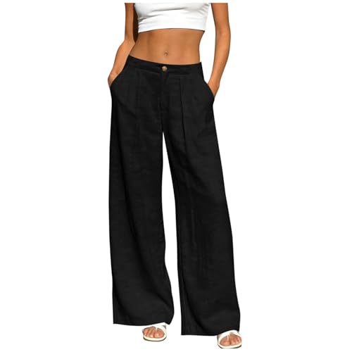 WUSENTOF Leinenhose Damen Sommer Lang Palazzo Hose Leicht Einfarbig Sommerhose Bequem Strandhose Weite Bein Hosen Elegant Baumwolle Leinen Freizeithose mit Taschen Stoffhose Clothing Sporthose