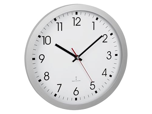 TFA Dostmann Analoge Funk-Wanduhr, 60.3522.02, 30 cm Durchmesser, mit Sekundenzeiger, Glasabdeckung, großes Ziffernblatt, für Küche/Wohnzimmer/Büro, Runde Funkwanduhr, 30x4,3cm, Silber