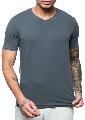 Leif Nelson Herren T-Shirt Slim Fit, V-Ausschnitt Kurzarm Stretch-Shirt, Figurbetontes Basic Oberteil aus hohen Baumwolle-Anteil, T-Shirts Männer Sommer, Grau XL