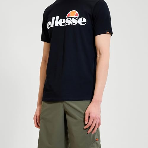 Ellesse Herren Prado T-Shirt mit großem Logo, Kurzarm, Rundhals, Regular Geschnitten, Schwarz, L EU