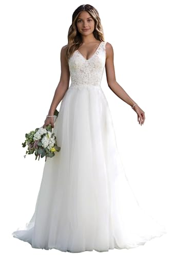 JAEDEN Brautkleid A-Linie Spitze Hochzeitskleider Lang Damen V-Ausschnitt Brautmode Tüll Standesamtkleid Elfenbein 38