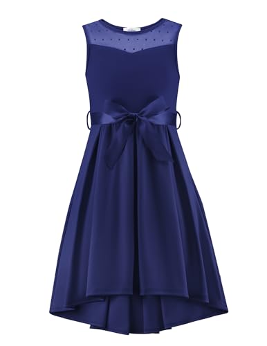 Arshiner Mädchen Ärmelloses Hochzeitskleid Mesh Kleider Blumenmädchen Abendkleid Sommer Kleid Festliches Partykleid Elegant Ballkleid mit Gürtel für Kinder 11-12 Jahre Marineblau