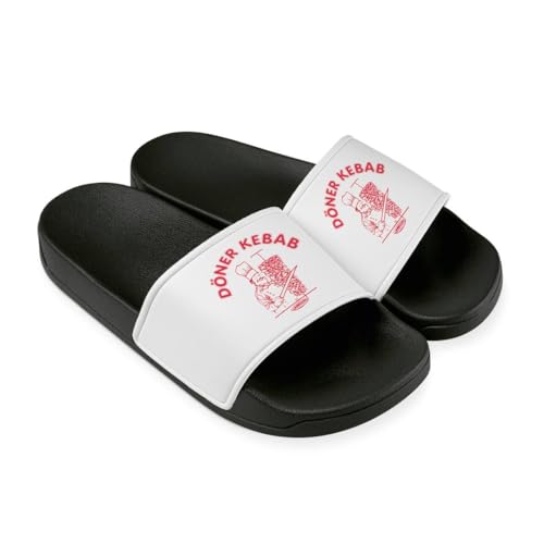 Tassenbrennerei Döner Kebab Badelatschen für Herren & Damen - Lustige Hausschuhe, Schlappen - Badeschuhe, Badeschlappen lustig (Schwarz/Weiß, EU Schuhgrößensystem, Erwachsene, Numerisch, M, 43)