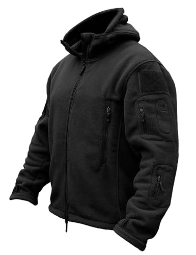 TACVASEN Herren Fleecejacke Military Outdoor Winddichte Jacke mit Kapuze- Gr. L, Schwarz
