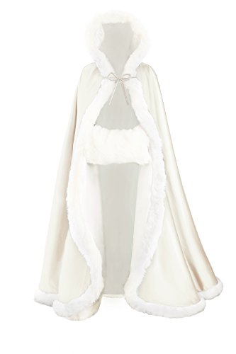 BEAUTELICATE Umhang Damen Mit Kapuze Cape Hochzeit Braut Winter Mit Pelzbesatz in Voller Länge Mehrere Farben FREIER Hand MUFF, Ivory, Länge:140cm(55)
