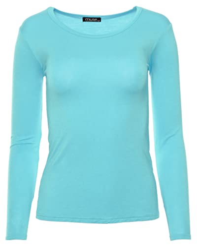 Easy Young Fashion - Damen Basic Rundhals Shirt - Langarm Unterziehshirt - Skinny Fit 1093 - Cyan M